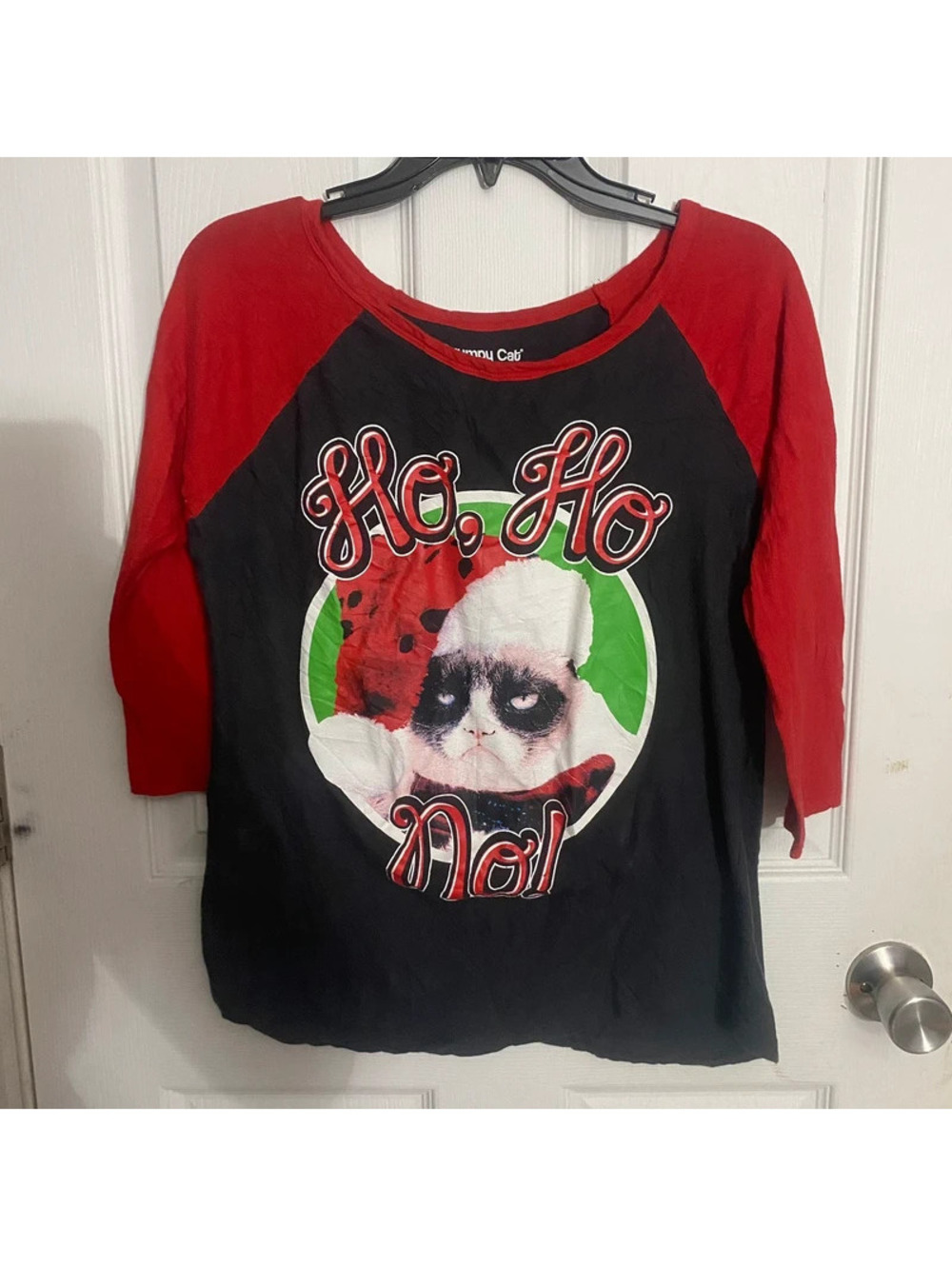 Grumpy Cat Ho Ho No Christmas Raglan Shirt Size S